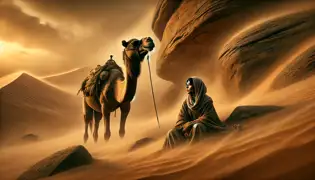 Layla y el camello se resguardan junto a una roca mientras una feroz tormenta de arena gira a su alrededor.