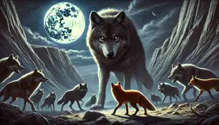 Un feroz lobo y su manada se enfrentan a un pequeño pero confiado zorro bajo un cielo iluminado por la luna en las montañas afganas.