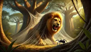  Mwamba, the mighty lion, struggles in a web spun by the trickster spider Kalulu, trapped despite his immense strength.