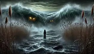 Mwansa permanece paralizado mientras las olas violentas agitan el lago, con una niebla que cubre el agua y unos débiles ojos brillantes visibles en lo profundo.