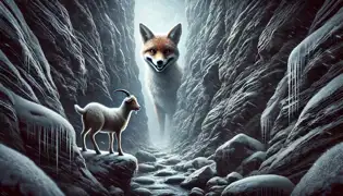  Inside a deep ravine, the fox grins, thinking it has won, while the brave goat remains calm, planning its next move.