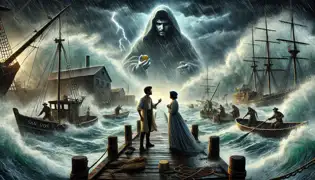 Las olas chocan violentamente contra los muelles mientras Isabella confronta a Mateo, quien sostiene una moneda maldita, con el fantasma de Diego flotando sobre el caos.