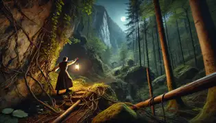 Un sendero oculto en el bosque por la noche, que conduce a la base del Untersberg, con un pastor sosteniendo una linterna.