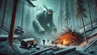 El troll se encuentra entre el equipo de tala roto, con sus ojos brillantes advirtiendo a los madereros asustados que huyen hacia el bosque.