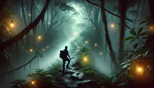 Javier sube por un sendero neblinoso en El Yunque con su guitarra a cuestas, rodeado de brillantes luciérnagas.