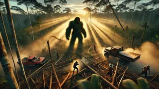 El Mapinguari surge para enfrentarse a los taladores en medio de árboles caídos y polvo en remolino.