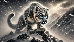 Un leopardo de las nieves se agazapa ante una feroz tormenta de nieve en las montañas de Kirguistán, su pelaje moteado cubierto de escarcha.