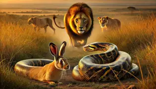 Una liebre y una serpiente python enrollada se ocultan en la hierba alta mientras un majestuoso león con una melena dorada se acerca, ajeno a la trampa.