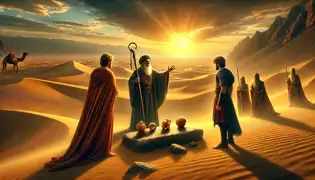 El príncipe Arman y su compañero se encuentran ante un anciano en un oasis, contemplando tres objetos simbólicos dispuestos sobre una piedra.