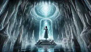Lotte se encuentra frente a un pedestal rodeado de hielo resplandeciente, lista para golpearlo y liberar el corazón de Undine en una caverna submarina.