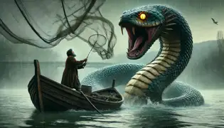 Nicu, un pescador, mira asombrado cómo una enorme serpiente con ojos dorados emerge del Danubio, parcialmente enrollada alrededor de su barco.