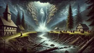 Un poderoso terremoto parte la tierra, formando el Lago Bear, mientras los aldeanos observan con asombro; la figura espectral de Ilona aparece a lo lejos.