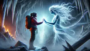 Eira y la figura espectral de Valtessa se dan la mano en una caverna helada, formando un vínculo mágico bañado en una luz radiante.
