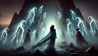 Adanne se encuentra ante la entrada de Aso Rock en la noche, mientras emergen espíritus ancestrales resplandecientes, y Obinna observa con desesperación.