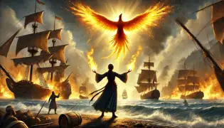 Elara, dotada de poder por el fuego, se encuentra en la orilla mientras el Pájaro Fénix sobrevuela, envolviendo los barcos enemigos en llamas doradas.