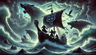 Un barco sacudido por la tormenta, que transporta a tres héroes, lucha contra enormes olas y criaturas marinas míticas en su travesía hacia Pohjola.