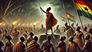 Yaa Asantewaa levanta su lanza, animando a los guerreros ashantis que están listos para la batalla en los densos bosques de Ghana.