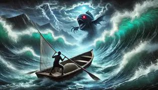 Juma lucha en su bote de madera mientras una tormenta sobrenatural se desata en el Lago Victoria. De las profundidades, emerge un pez con ojos rojos que brillan intensamente.