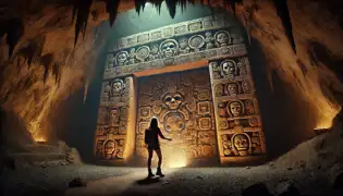 Una enorme puerta de piedra tallada por los mayas brilla débilmente mientras el arqueólogo se prepara para abrirla en el interior de una cámara de cueva tenuemente iluminada.