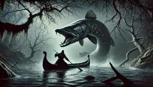 Väinämöinen se enfrenta al colosal Lucio de Tuonela en las brumosas y sombrías aguas del río del inframundo.