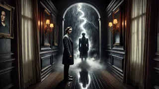 Spencer se enfrenta a su doble espectral en el pasillo de una mansión de Manhattan iluminada por una tormenta.