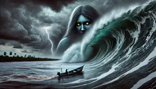 Una inmensa ola de tormenta golpea el barco de Diego, mientras una etérea figura fantasmal de Anahí aparece en el agua.