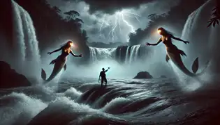 En una noche de tormenta, Mateo extiende la mano hacia una gota de agua encantada mientras dos sirenas de ojos brillantes emergen de las profundidades nebulosas.