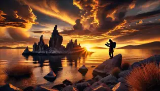 Coucher de soleil spectaculaire sur l'Isla del Sol, accompagné des Rochers Chantants, où un anthropologue prend des notes en les entendant murmurer mystérieusement.