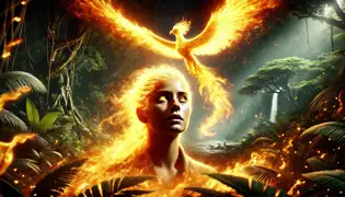 Valeria, envuelta en llamas doradas, contempla visiones del pasado y del futuro mientras el Pájaro de Fuego pone a prueba su valía, con Tukupa observando.