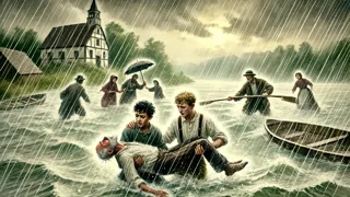 Max and Moritz rescue a fisherman during a storm on a German riverbank