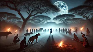 Atrapado en enredaderas ancestrales, el Hombre Leopardo lucha bajo un dosel iluminado por la tormenta.