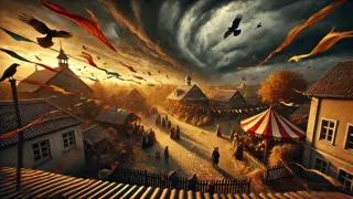 Nubes oscuras se cernían sobre un festival de la cosecha, con los aldeanos preocupados mientras los vientos empezaban a levantar las hojas.
