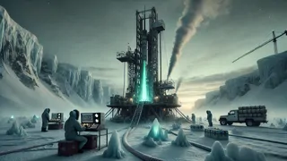 Cueva de hielo reluciente con extraños patrones bioluminiscentes que brillan en las paredes