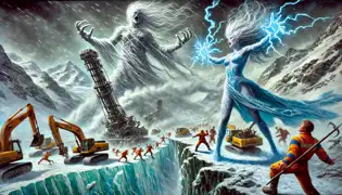 Eira y Valtessa invocan una tormenta de nieve furiosa para repeler las máquinas de minería en el glaciar Aletsch.