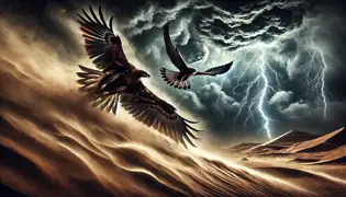 Une violente tempête désertique déferle sur le ciel alors qu'un aigle et un faucon luttent pour rester en vol face aux hurlements du vent et aux éclairs scintillants.