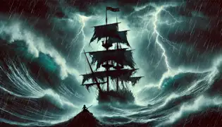 El barco del Capitán Villalobos lucha contra una violenta tormenta mientras La Dama Negra se alza ominosamente, su brillo inquietante perforando la oscuridad.