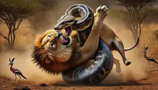Una feroz batalla entre un rugiente león y una gruesa pitón, con el polvo levantándose mientras luchan por el dominio en la sabana.