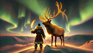 Erik, ahora vestido con pieles samis, se encuentra junto al Alce Dorado en una ladera nevada bajo las luces del norte, sosteniendo una pluma dorada.