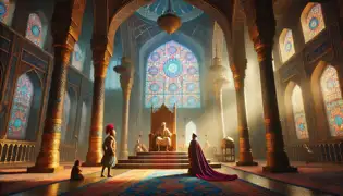 Rustam Khan se sienta en un trono ornamentado en una majestuosa sala del palacio, con el Djinn a su lado como guardián.