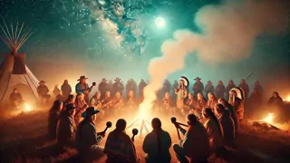 Ancianos y familias lakotas en un círculo ceremonial ofreciendo oraciones.
