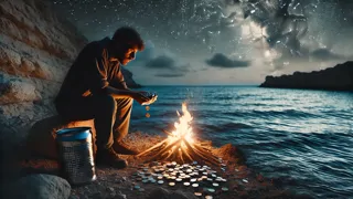 Fisherman by a flickering campfire counting gleaming coins on the rocky shore under a starry sky