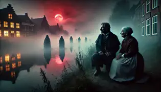 Una orilla del río cubierta de neblina donde Willem y la Sra. van Rijn se encuentran tensos, observando cómo figuras fantasmales emergen del río IJssel.