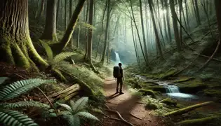 Traveler on a mossy forest trail, sunlight filtering through dense trees