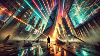 Paisaje urbano futurista mutado por un paradoja temporal, edificios retorcidos y cielos atravesados por colores no naturales