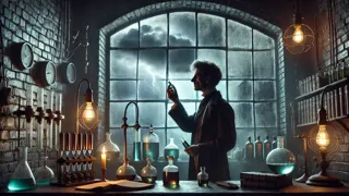 El Dr. Adrian Blackwood mezclando productos químicos sobre un mechero Bunsen en un laboratorio victoriano.