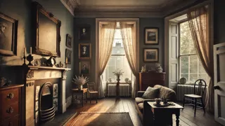 Una acogedora sala de estar georgiana con cortinas de encaje y fotografías familiares decorando la repisa.