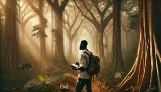 Kwame Mensah se encuentra al borde de un sendero jungla sin marcar, dudando antes de adentrarse en la densa y brumosa selva tropical.