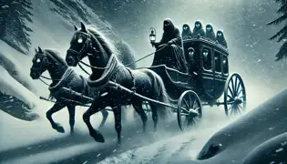 Una carroza fantasmal emerge de la tormenta, tirada por caballos espectrales. Elias Gruber permanece paralizado por el miedo, aferrando su linterna.