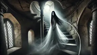 Una mujer espectral vestida con un vestido blanco y con ojos resplandecientes se encuentra en la cima de una escalera de piedra en espiral, rodeada de niebla.