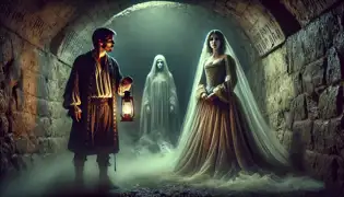 El espectro de la dama Katalin Hunyadi aparece ante Erik Kovács en un túnel oscuro, su forma translúcida resplandece mientras una niebla se arremolina a su alrededor.